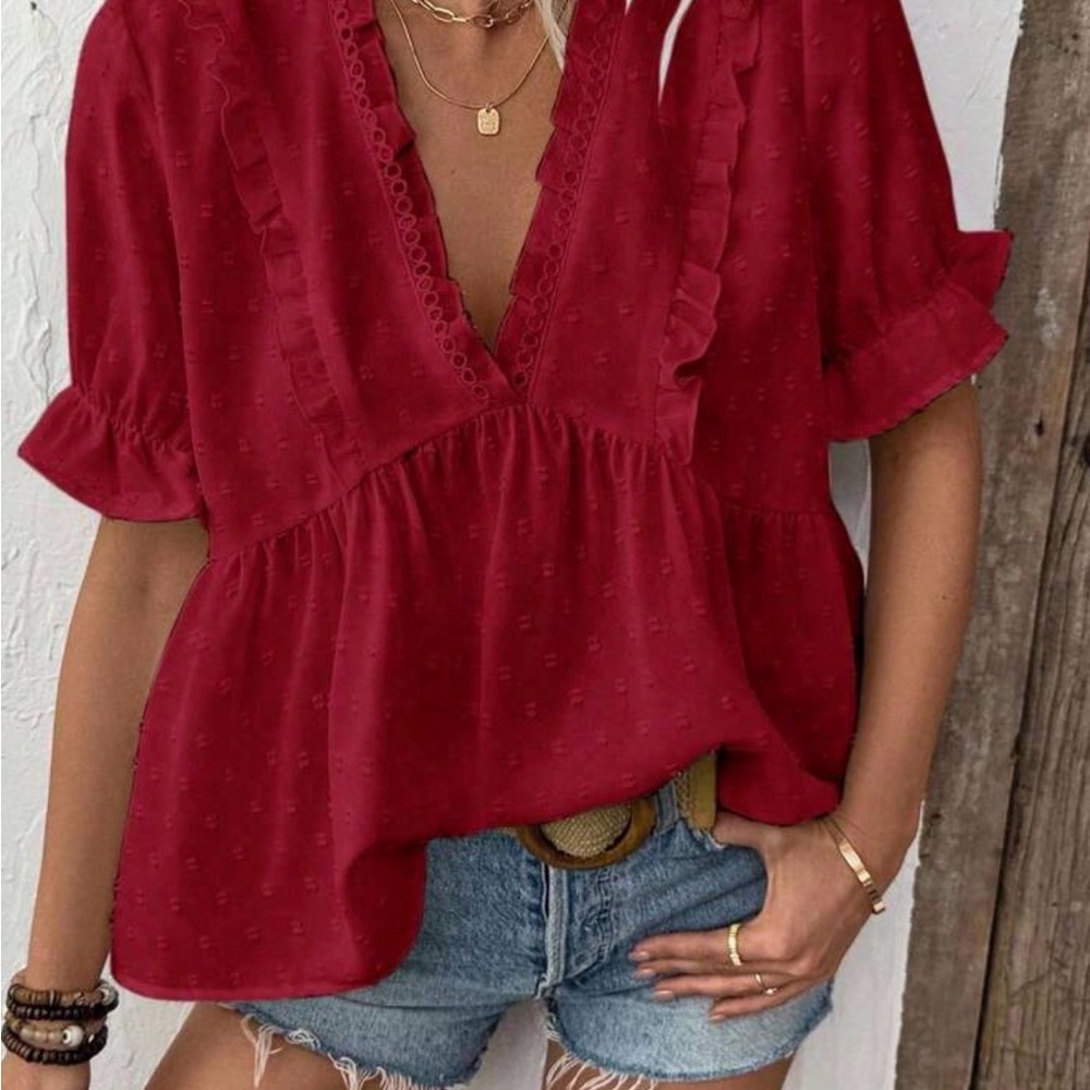 Elegant Red Ruffle Blouse